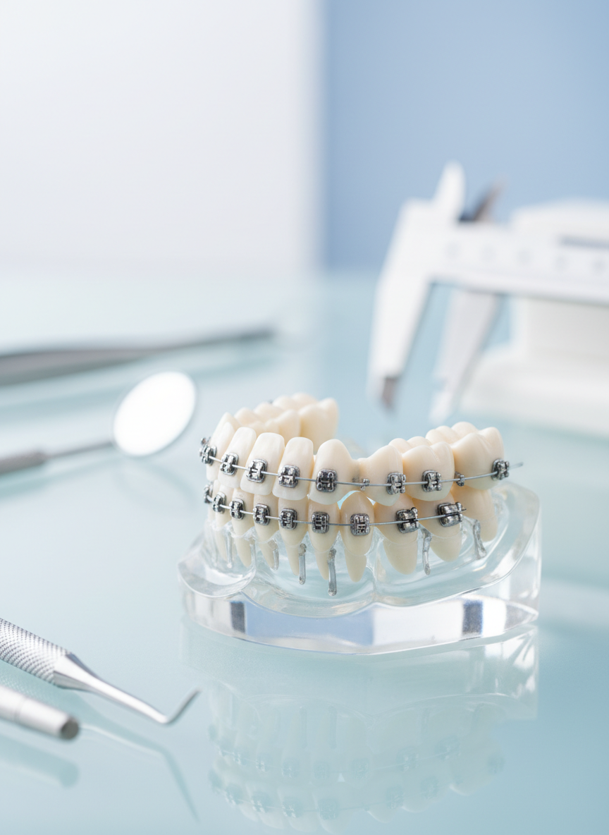 Close-up fotográfico de una arcada dental sintética de alta calidad, montada en un soporte transparente, mostrando brackets metálicos de ortodoncia perfectamente alineados con un arco brillante y ligaduras discretas en tono gris perla. El modelo está colocado sobre una superficie de vidrio esmerilado, con herramientas de ortodoncia borrosas al fondo: espejos, pinzas y calibradores. Luz de estudio suave desde un lateral crea destellos controlados en el metal y resalta la textura esmaltada de los dientes artificiales. Fondo desenfocado en blanco y azul claro, evocando un entorno clínico sofisticado. Composición en regla de tercios, profundidad de campo muy reducida para enfatizar la precisión del tratamiento, estilo realista y limpio.