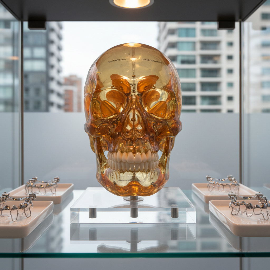 Un modelo tridimensional de cráneo y maxilares en resina transparente y ámbar, cuidadosamente apoyado sobre una base acrílica pulida, ilustrando ortopedia maxilar. El cráneo muestra placas indicativas de crecimiento óseo y guías de expansión, todo sin rasgos humanos identificables. Alrededor, se observan discretamente aparatos ortopédicos extraíbles apoyados en bandejas blancas. La escena se desarrolla en una vitrina iluminada de un consultorio en Quito, con sugerencia sutil de edificios modernos desenfocados tras un vidrio. Luz puntual cálida desde arriba y luz fría lateral crean un contraste refinado, resaltando volúmenes óseos. Fotografía de estudio, plano medio, composición elegante y científica, con estética sofisticada y realista.