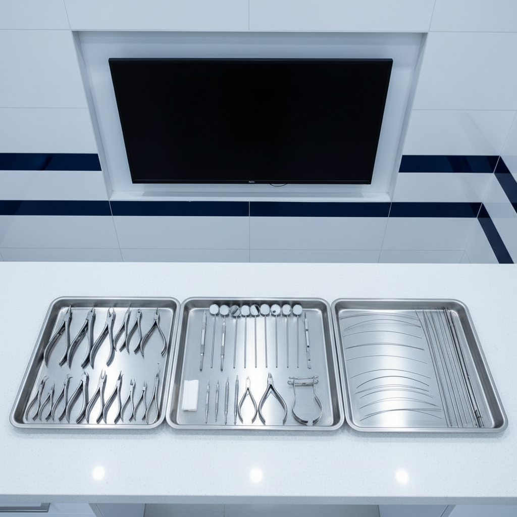 Una bandeja quirúrgica de acero inoxidable perfectamente ordenada, colocada sobre una superficie de cuarzo blanco brillante, mostrando instrumentos de ortodoncia y ortopedia maxilar: alicates de precisión, calibradores, espejos, separadores y arcos preformados, todos alineados paralelamente. No hay guantes ni indicios de personas. Al fondo, un monitor apagado incrustado en una pared blanca con detalles en azul oscuro, típico de un consultorio de alta gama en Quito. Iluminación LED blanca desde el techo genera reflejos sutiles sobre el metal pulido, con sombras muy suaves. Toma cenital (vista desde arriba), composición simétrica y ordenada, transmitiendo limpieza, precisión y profesionalismo, con estilo fotográfico realista y contemporáneo.
