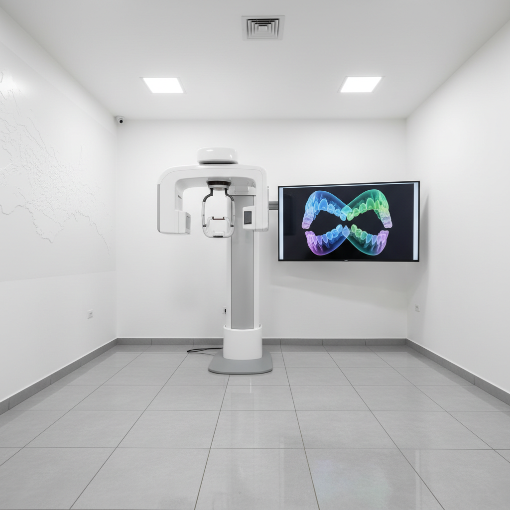 Una sala de diagnóstico digital en una clínica de ortodoncia de Quito, sin presencia humana, con un moderno equipo de radiografía 3D y una pantalla grande mostrando una imagen volumétrica abstracta de maxilares sin rasgos faciales. El suelo es de porcelanato gris claro pulido, las paredes blancas con un discreto mapa topográfico de los Andes en relieve tenue. Luz blanca fría uniforme, sin zonas oscuras, creando un ambiente de alta tecnología. Fotografía en gran angular a nivel de ojo, enfatizando amplitud y orden. La composición utiliza líneas arquitectónicas limpias que guían la mirada hacia el equipo de imagen, con estética realista, minimalista y sofisticada.