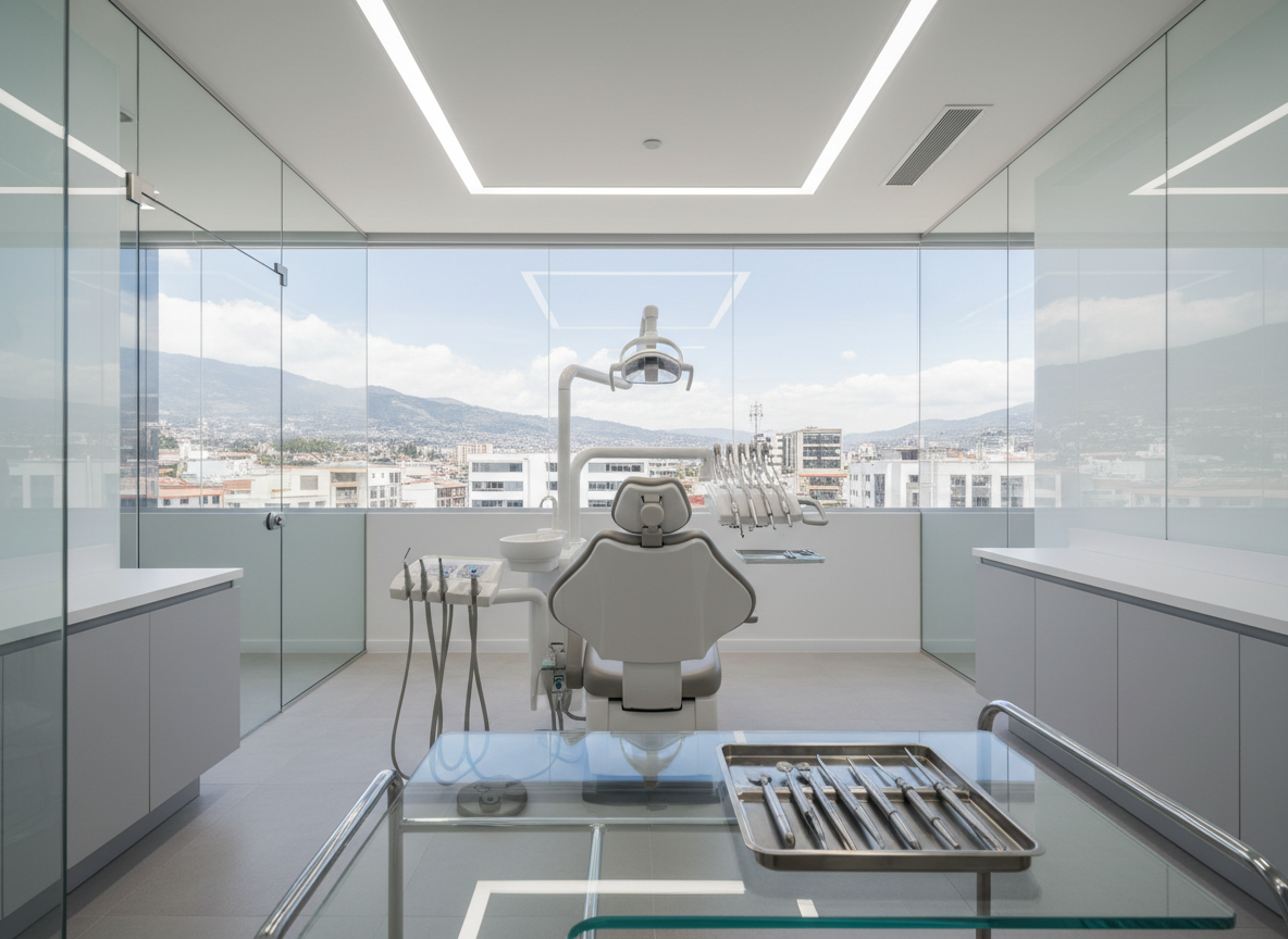 Un consultorio de ortodoncia ultramoderno, sin personas, con un sillón dental ergonómico color blanco perla y detalles en azul suave, impecablemente limpio. Alrededor, superficies de vidrio y muebles minimalistas en tonos grises y blancos, con instrumentos organizados sobre una bandeja de acero pulido. Una gran ventana muestra un cielo claro sobre una ciudad andina, insinuando el entorno de Quito. Luz natural difusa entra y se mezcla con iluminación LED blanca fría del techo, creando reflejos nítidos y sombras suaves. Fotografía a nivel de ojo, composición centrada, profundidad de campo moderada para mantener todo en foco. Estética realista, profesional y sofisticada, transmitiendo confianza y alto nivel clínico.