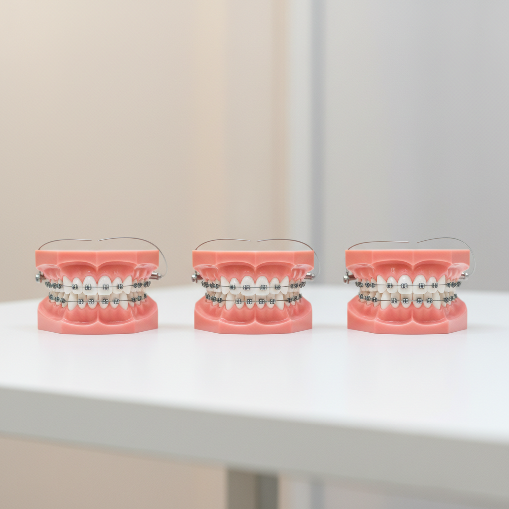 Una serie de tres modelos dentales sintéticos alineados sobre una mesa de superficie blanca mate, mostrando una secuencia de tratamiento ortodóncico: antes, durante y después. Cada modelo exhibe cambios en el alineamiento de los dientes con brackets metálicos y arcos progresivamente más rectos. No hay ninguna referencia a pacientes reales. Al fondo, una pared lisa en tonos blanco y gris cálido, con un leve desenfoque. Iluminación uniforme de estudio, suave, sin sombras duras, reforzando un ambiente didáctico y profesional. Toma ligeramente elevada, composición panorámica, con espacio negativo para posible integración de gráficos. Estética fotográfica realista, ordenada y elegante, ideal para explicar casos clínicos sin identificar personas.
